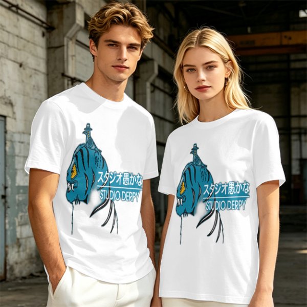 Olive Graphic T-Shirt with Blue Tiger and Studio Derpy Text
