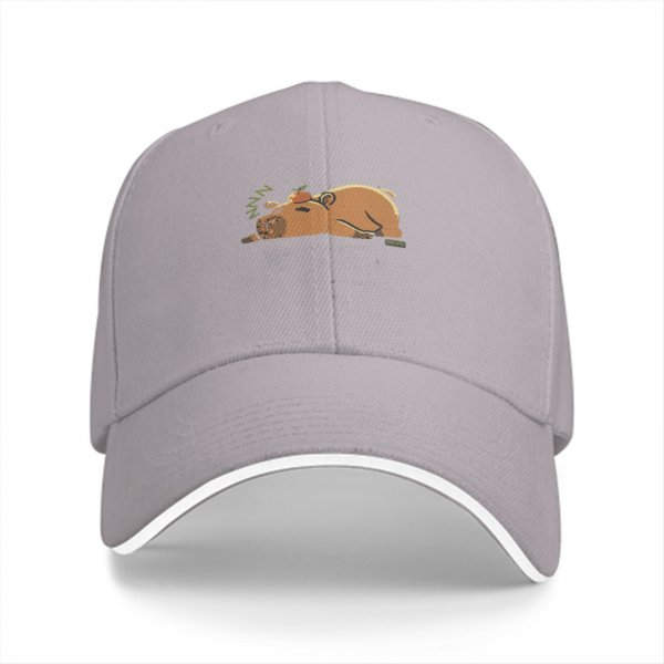 Black baseball cap with a sleeping capybara graphic