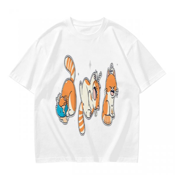 Olive T-Shirt With Playful Orange Cat Illustrations