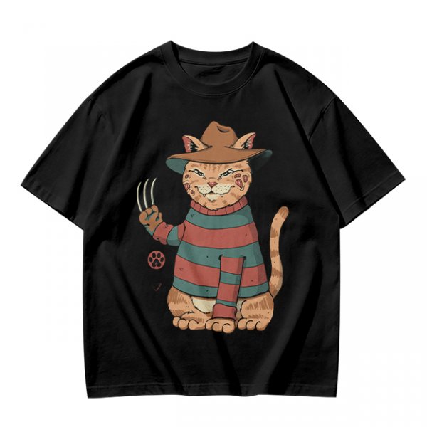 Olive T-Shirt With Freddy Krueger Themed Cat Graphic