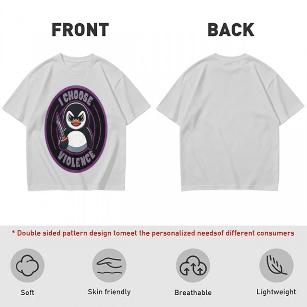 Olive t-shirt with angry penguin holding knife and I Choose Violence print