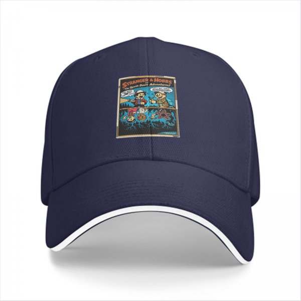 Black baseball cap with Stranger & Hobbs Upside Down Adventures graphic print