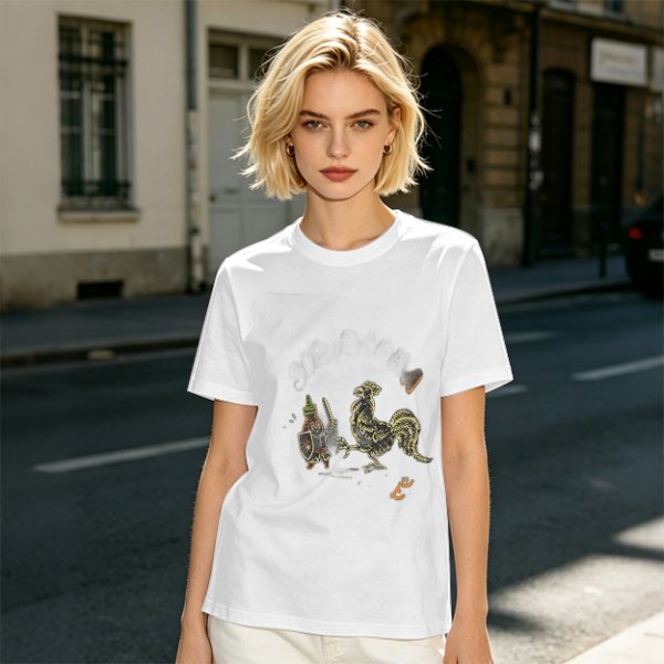 Olive Green T-Shirt With Knight Vs Rooster Fantasy Graphic Print