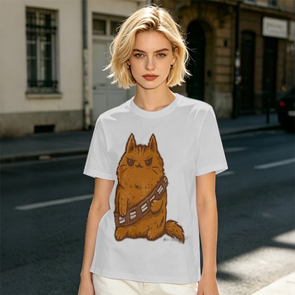 Olive green t-shirt with a grumpy cat in a Chewbacca-style bandolier print