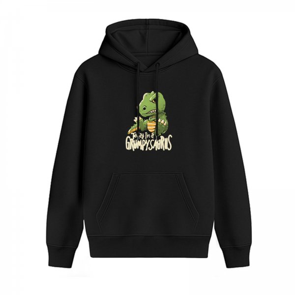 Black hoodie with grumpy dinosaur 'Today I'm a Grumpysaurus' print