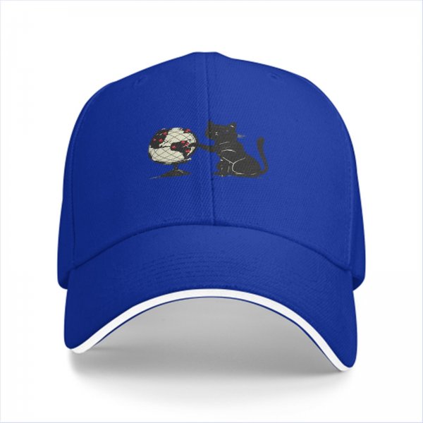 Black Baseball Cap With Cat Touching Globe Print