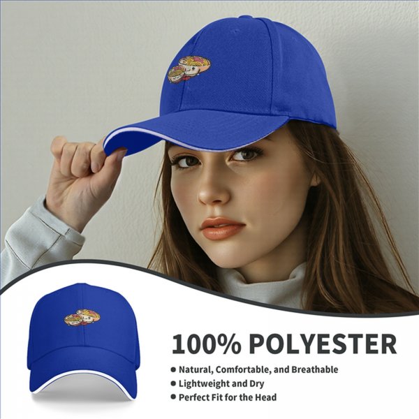 Black baseball cap with cute kawaii ramen bowls graphic