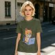 Olive T-Shirt With Cute Orange Cat Working On Laptop Print