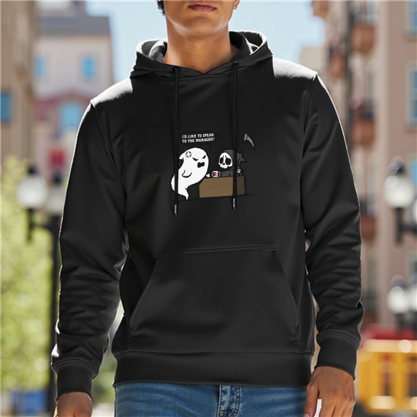 Black hoodie with ghost and grim reaper 'speak to manager' graphic