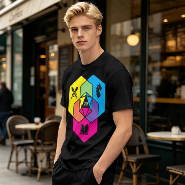 Olive T-Shirt With D20 And Fantasy RPG Themed Hexagon Art