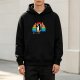 Black hoodie with penguin graphic and retro rainbow stripe design