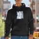 Black hoodie with vintage-style decorative text and graphic print