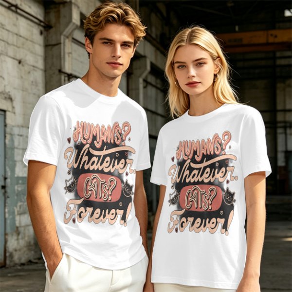 Olive green t-shirt with 'Humans? Whatever. Cats? Forever!' print