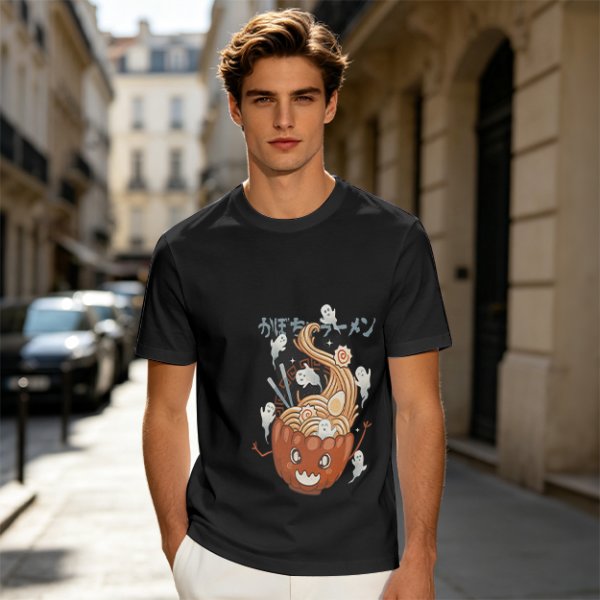 Olive green t-shirt with pumpkin ramen and ghost graphic print
