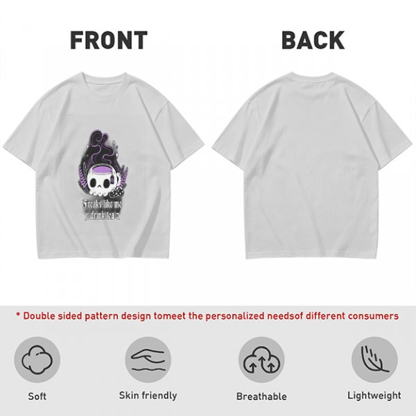 Olive graphic t-shirt with skull tea cup and 'Freaks like me drink tea' text