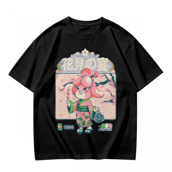 Olive green t-shirt with cherry blossom festival dog character print