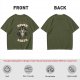 Olive green graphic t-shirt with 'cats were never from earth' alien and cat print