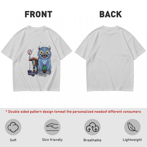 Olive T-Shirt With Whimsical Blue Cat And Mushroom Figure Print
