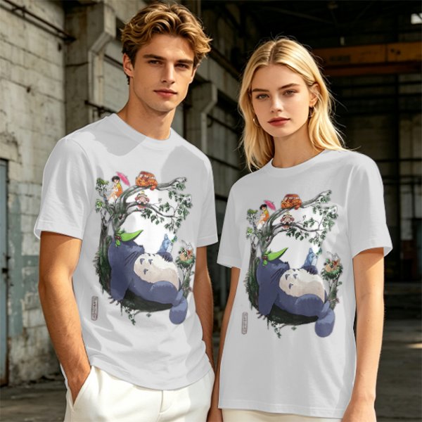 Olive green t-shirt with My Neighbor Totoro forest scene print