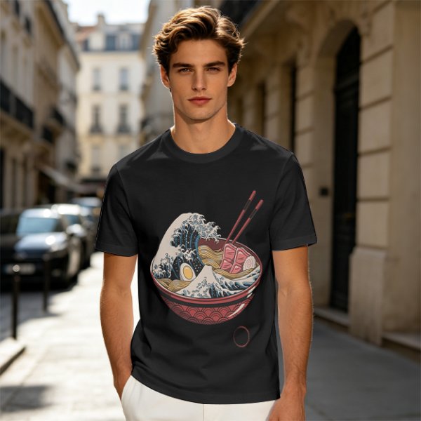 Olive T-Shirt Featuring The Great Wave Off Kanagawa Ramen Bowl Art