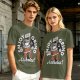 Olive graphic t-shirt with 'Enjoy the grind Assholes' coffee grinder mascot print