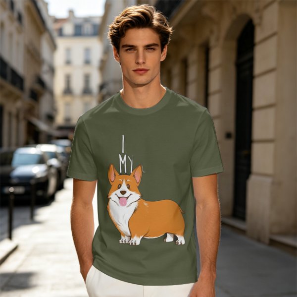Olive Green T-Shirt With I Love My Corgi Graphic Print
