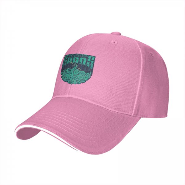 Black baseball cap with teal snake and text graphic