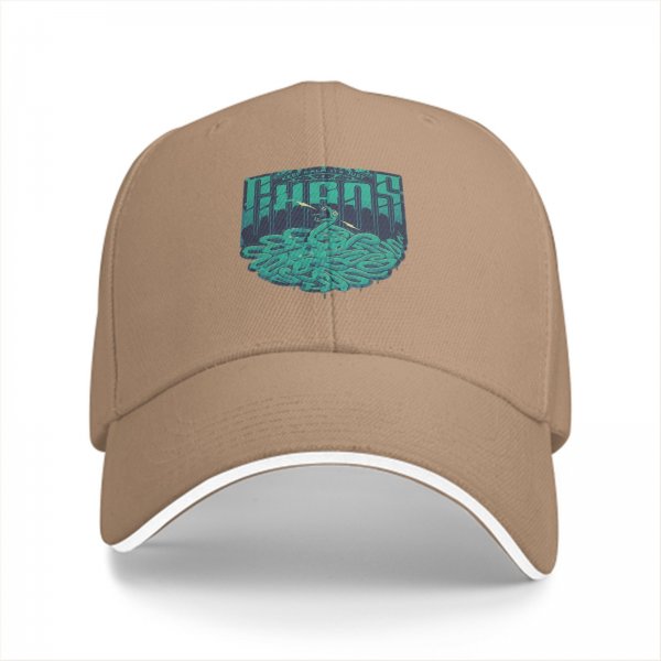 Black baseball cap with teal snake and text graphic
