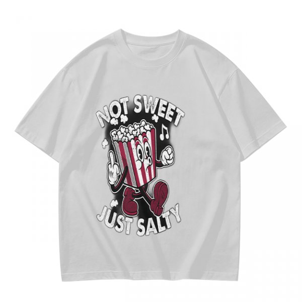 Olive T-Shirt with 'Not Sweet Just Salty' Cartoon Popcorn Print