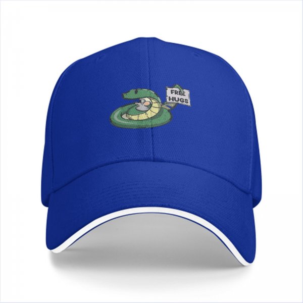 Black baseball cap with a snake holding a FREE HUGS sign and a mouse