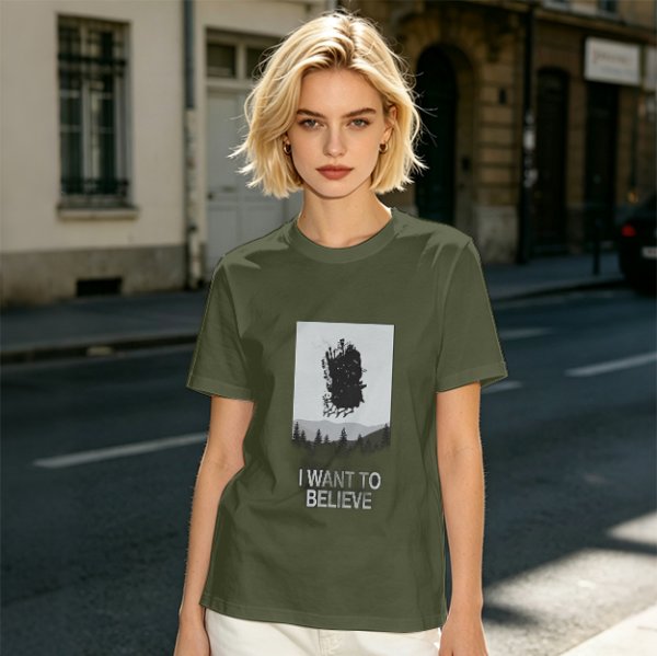 Olive t-shirt with 'I Want To Believe' UFO landscape print