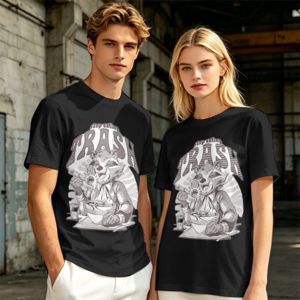 Olive graphic t-shirt with raccoon eating and 'Stop eating TRASH' print