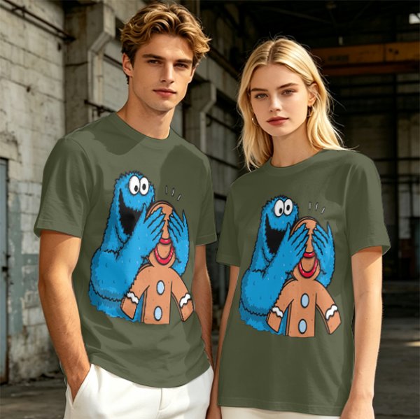 Olive T-shirt with Cookie Monster covering gingerbread man’s eyes