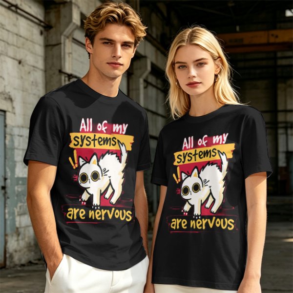 Olive graphic t-shirt with nervous white cat and 'All of my systems are nervous' text