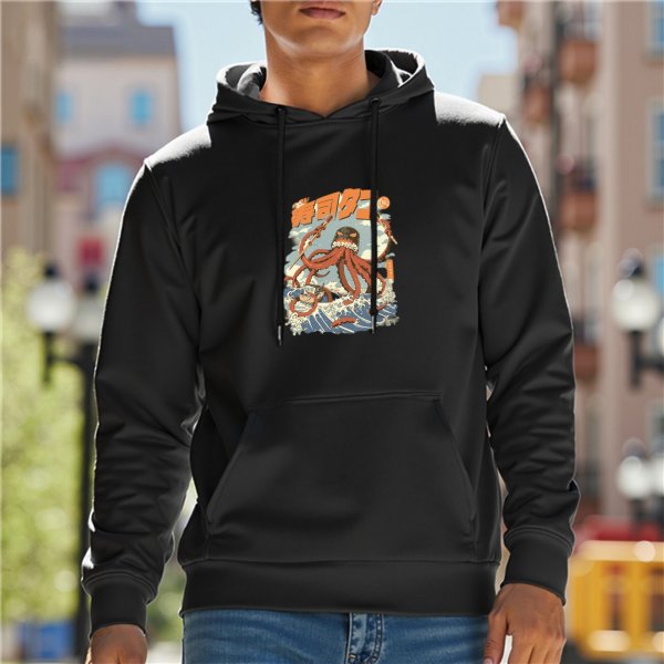 Black Hoodie With Vintage Octopus Monster Wave Graphic
