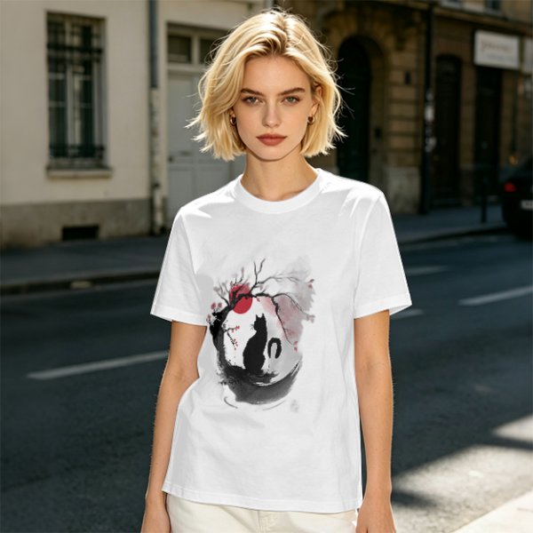 Olive T-Shirt with Japanese Style Cat and Red Sun Art Print