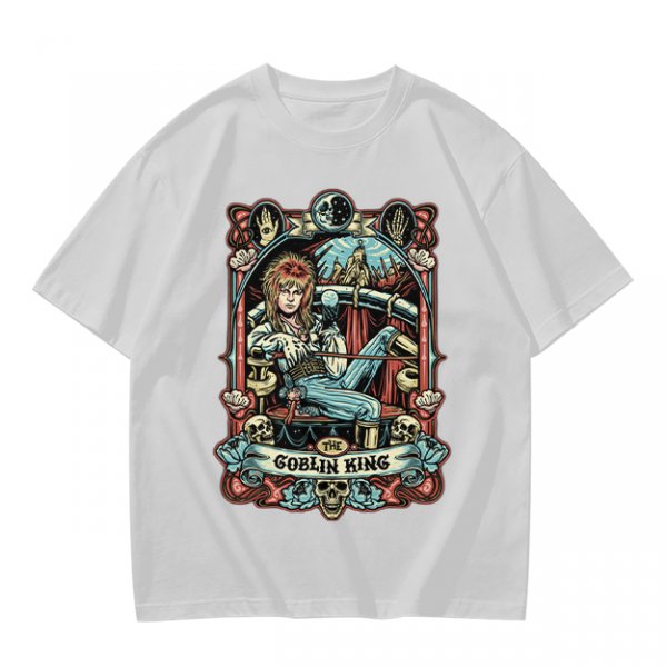 Olive green t-shirt featuring The Goblin King tarot-style artwork