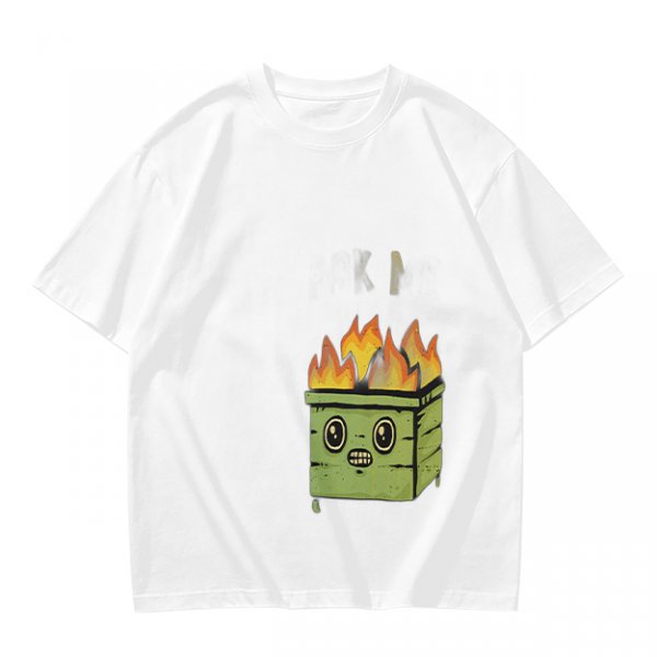 Olive Green T-Shirt With Cartoon Burning Dumpster Graphic