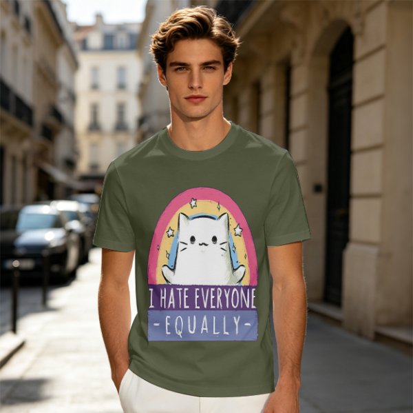 Olive graphic t-shirt with a white cat and 'I hate everyone equally' print