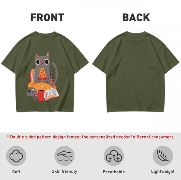 Olive T-Shirt With Cozy Cat Eating Pizza And Gaming Print