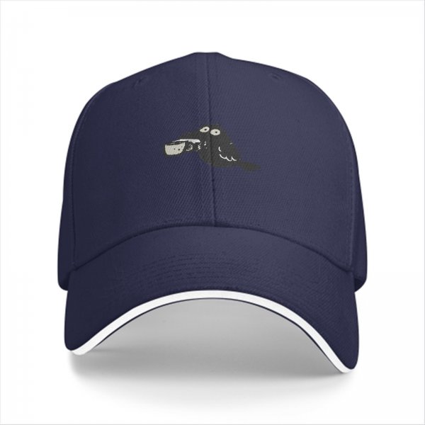 Black baseball cap with a cartoon crow holding a coffee cup