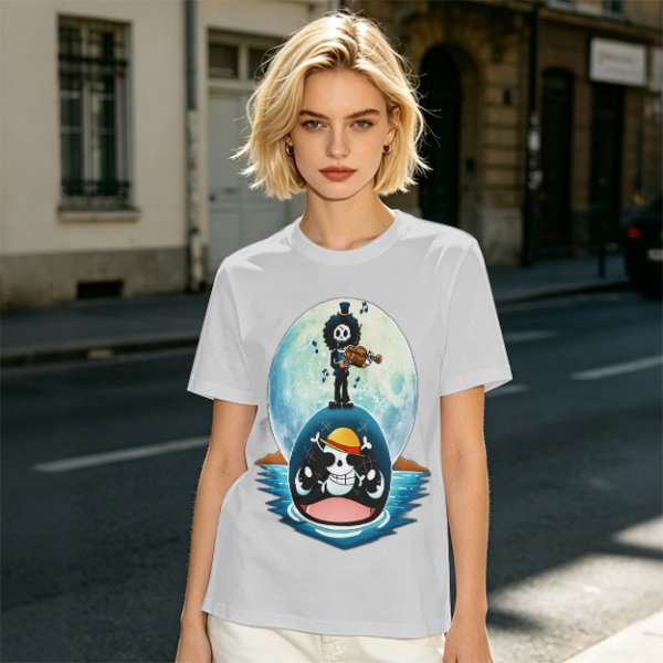 One Piece Brook Playing Violin on Laboon Whale Moon T-Shirt Print