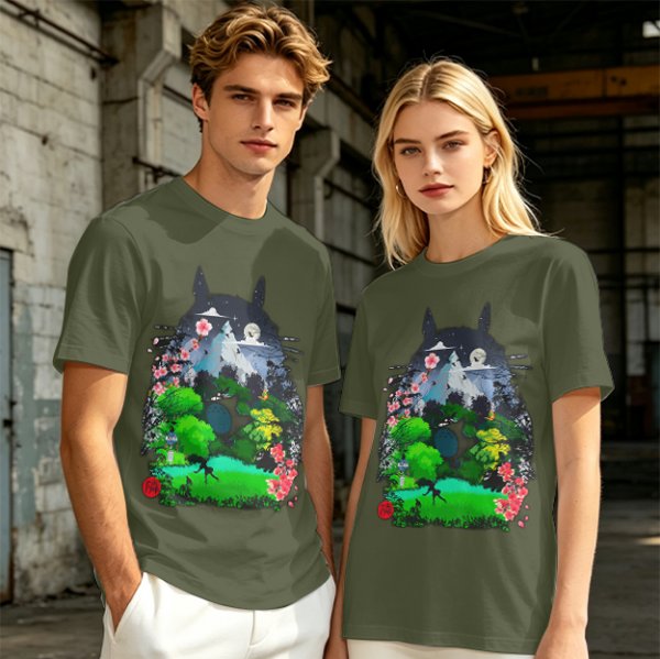 Olive Green T-Shirt with Totoro Nature Landscape Graphic Print