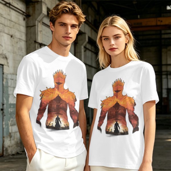 Olive T-Shirt With Giant Fire Warrior Silhouette And Small Knight Print