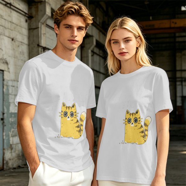Olive Green T-Shirt With Surprised Yellow Tabby Cat Graphic