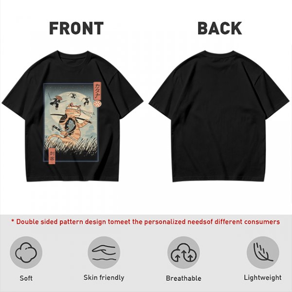 Samurai Cat Fighting Ninjas Ukiyo-e Style Graphic T-Shirt