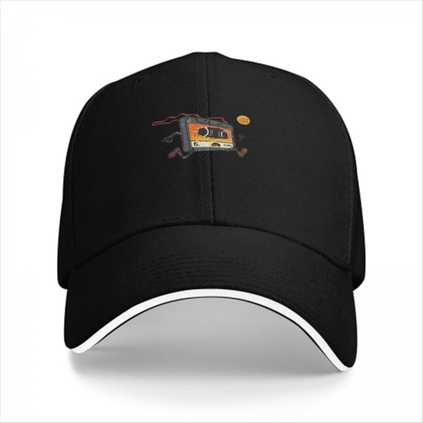 Black baseball cap with running cassette tape graphic