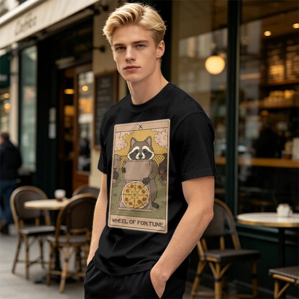 Raccoon Wheel of Fortune Tarot Pizza T-Shirt