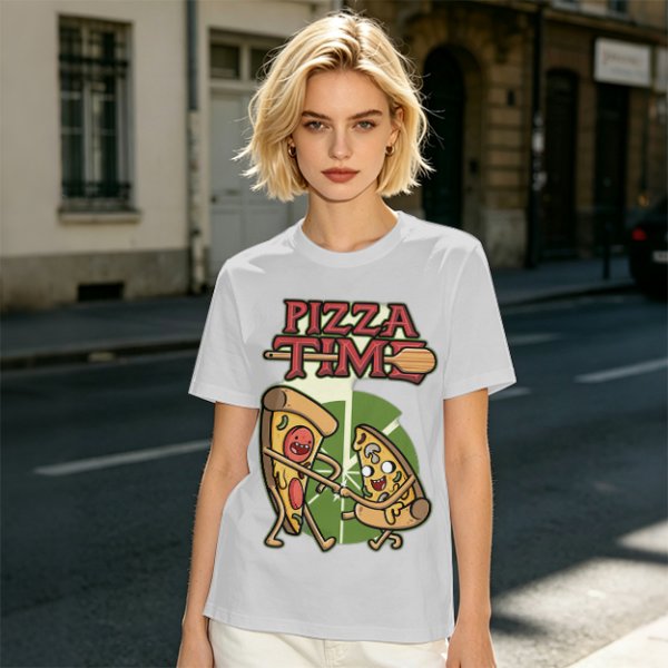 Olive green pizza graphic t-shirt with playful pizza slice characters