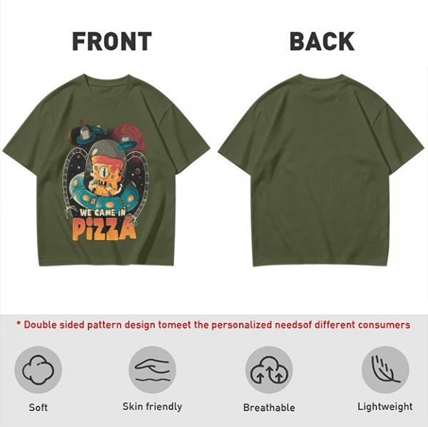 Olive t-shirt with space pizza alien graphic and 'We Came in Pizza' text